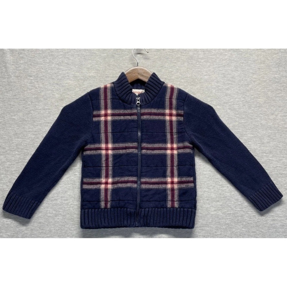 Cat & Jack Sweater Jacket Boys 4T Navy Blue Plaid Preppy Mock Neck Full Zip